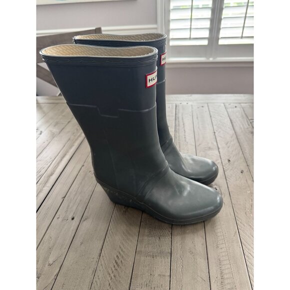 HUNTER Kellan Wedge Heel Mid Calf Rubber Rain Boots Grey Green Size 8M 9F - Picture 6 of 8